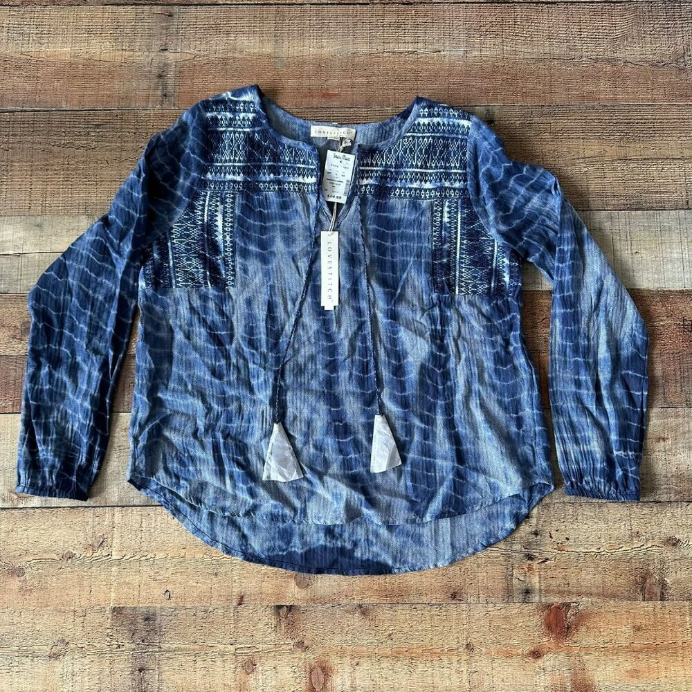 Lovestitch Womens Boho Navy Embroidered Blouse M 100% Cotton NWT
